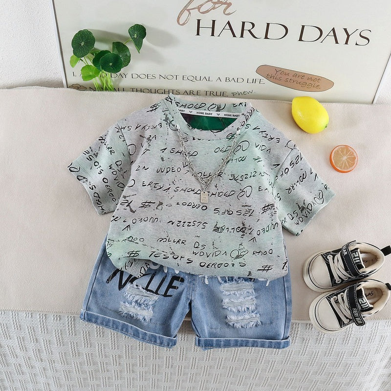 Boys' Short-Sleeve Suit 2026 New Summer Fashionable English Casual Two-Piece Outfit for Baby Boys Children's Clothing
