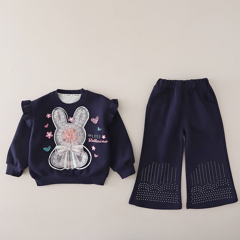 Baby girl casual rabbit sweatshirt two-piece set, children's fashionable outfit, girls' sporty spring and autumn long-sleeve clothing trendy