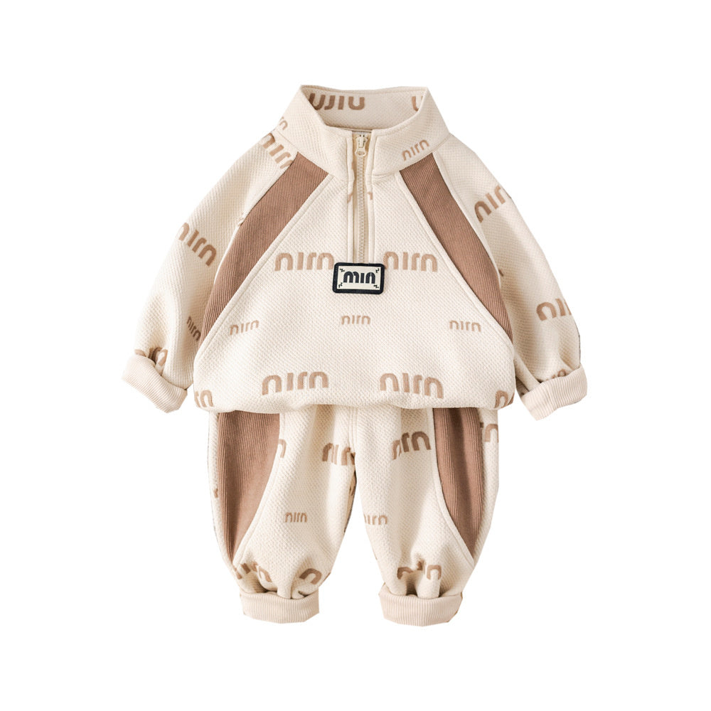 Boys' Outfit Children's Stylish Jacquard Letter Half-Zip Two-Piece Set Baby Spring and Autumn Clothes for Boys