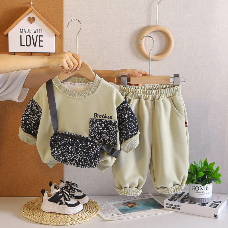 Boys' Outfit for Spring and 2026 New Style Baby Autumn Clothing Korean Version Casual Round Neck Hoodie Two-Piece Set Wholesale