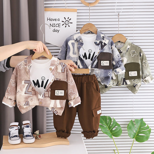 Baby outfit set, children's boy infant clothing, stylish boys' spring and autumn single-pocket letter three-piece set