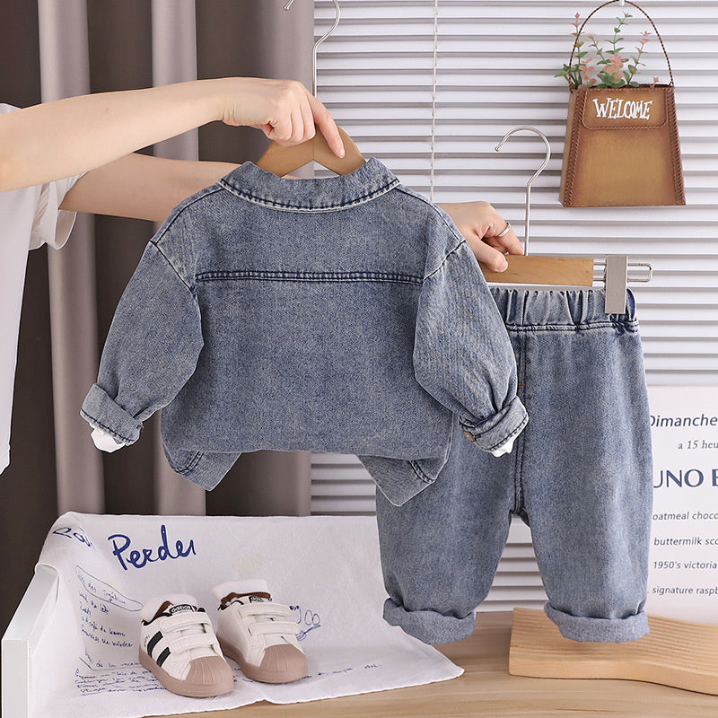 Baby Denim Double Pocket Three-Piece Set Korean Style Infant Stylish Boys Autumn Outfit Toddler 0-1-2-3 Years Old