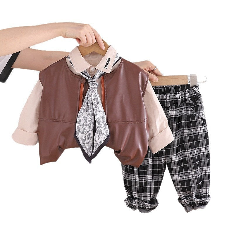 Boys' children's clothing spring autumn outfit 2026 new stylish Korean-style toddler leather jacket and vest three-piece set trendy