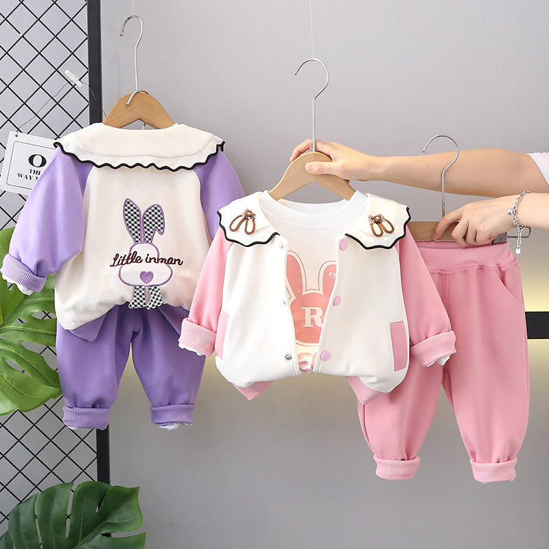 Girls' Outfit Stylish One-Year-Old Baby Clothes Fashionable Toddler Children's Spring and Autumn Ear Bunny Three-Piece Set Trendy