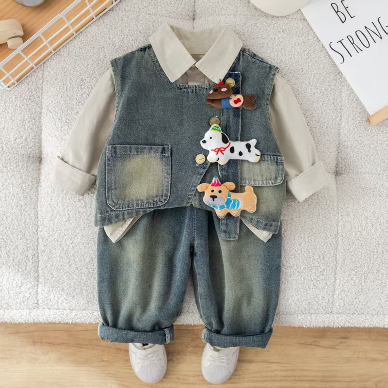 Boys' outfit set, stylish three-piece set for one-year-old babies, spring autumn puppy denim vest, trendy infant and toddler clothing