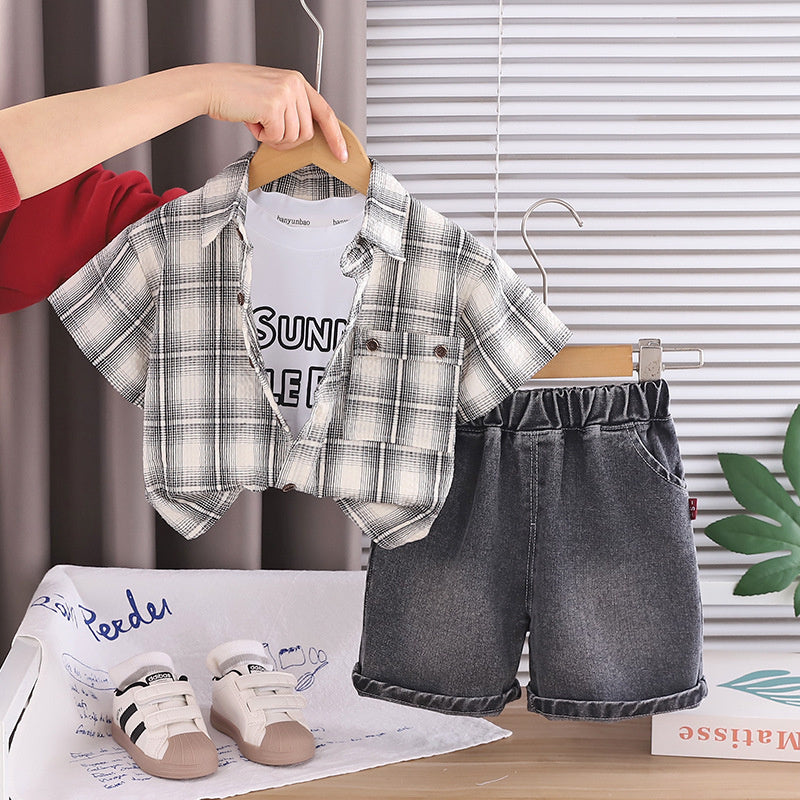 Children's clothing boys, suit 2026 new style, baby summer outfit, plaid short-sleeve shirt, stylish casual wear for boys