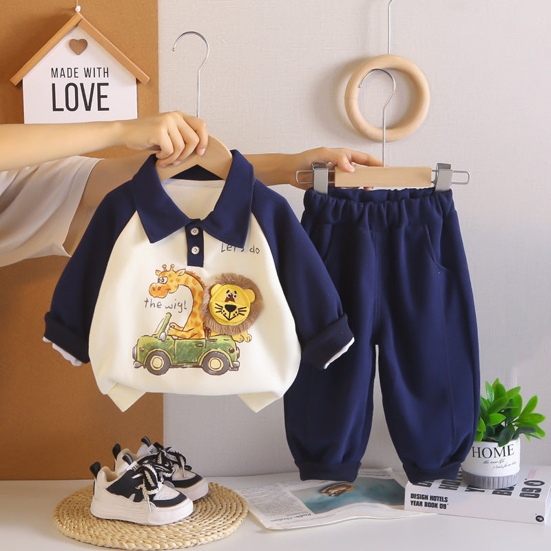 Boys' Suit 2026 New Fashionable Cute Children's Outfit with Turn-down Collar 3D Lion Design, Two-piece Set for Baby, Spring and Autumn Trendy Wear