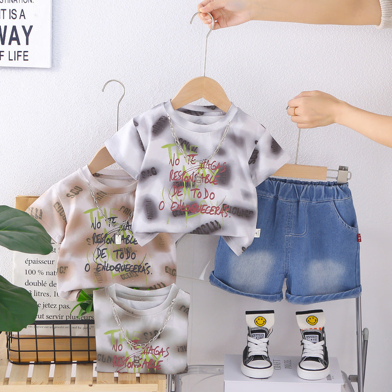 Baby clothes thin children's two-piece set stylish necklace short-sleeve outfit for one-year-old boys summer wear