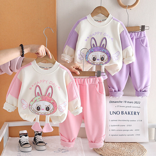 Girls' Sequin Cartoon Sweatshirt 2026 New Fashionable Children's Spring Outfit Two-Piece Set for Baby Girls