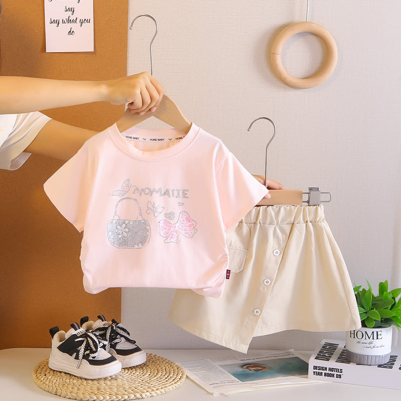 Girls' 2026 New Bow Short-Sleeve Two-Piece Set, Baby Girl's Casual Sports Outfit, Stylish Summer Style