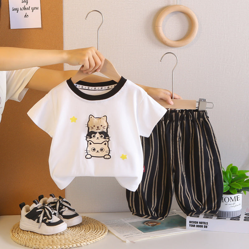 Boys' Summer Outfit Cartoon Kitten Short Sleeve 2026 New Fashionable Children's Baby Striped Shorts Two-Piece Set Trendy