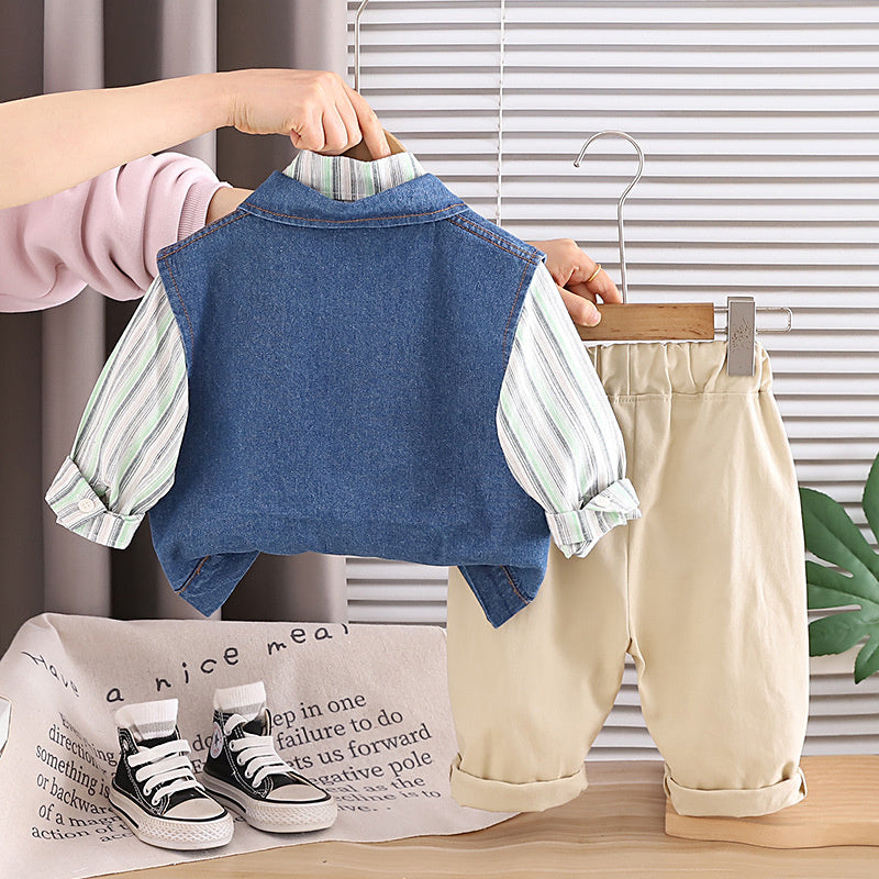 Boys' 2026 Spring and New Fashionable Children's Autumn Outfit Stylish Denim Jacket Three-Piece Set Baby Casual Wear