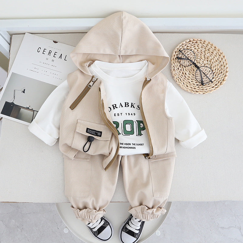 Boys' Spring Outfit 2024 New Korean Style Fashionable Children's Hooded Baby Double Zipper Workwear Vest Three-Piece Set