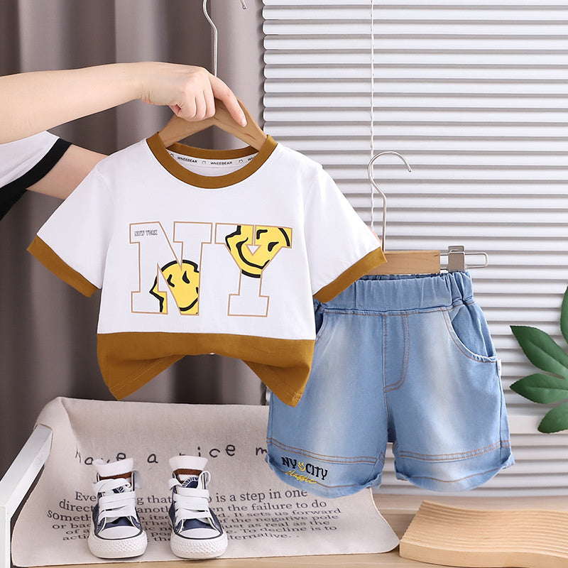 Boys' Short-Sleeve Outfit 2026 New Fashionable Children's Letter Print Big Smiley Face Baby Summer Color-Block Trendy Clothes