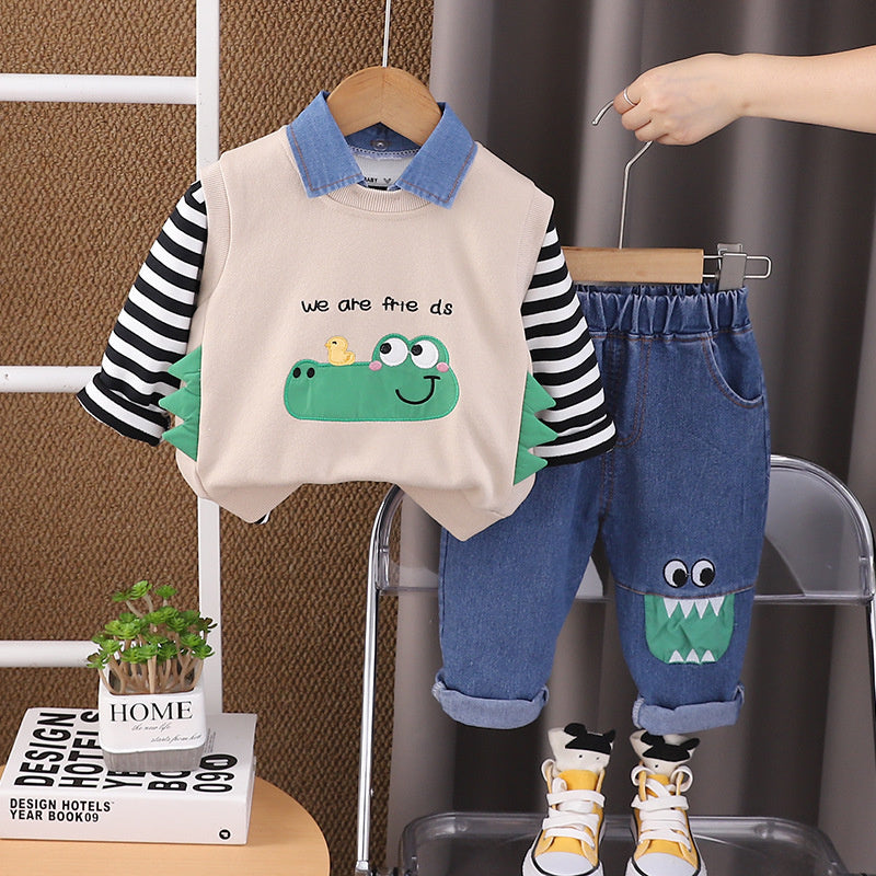 Children's Clothing Boys' 2024 New Cute Crocodile Vest Three-Piece Set Baby Autumn Stylish Cartoon Kids