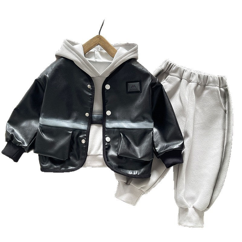 Children's Autumn Clothing 2026 New Style Boys' Casual Leather Jacket Three-Piece Set Stylish Outfits for Toddlers Wholesale