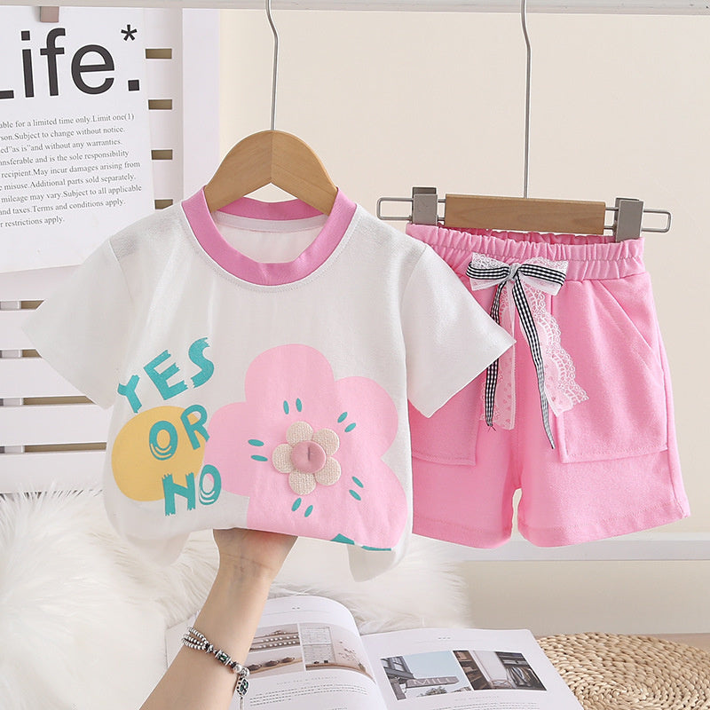 Girls' Short-Sleeve Outfit 2026 New Style Children's Summer Floral Round-Neck Stylish Two-Piece Set Baby Clothes Trendy