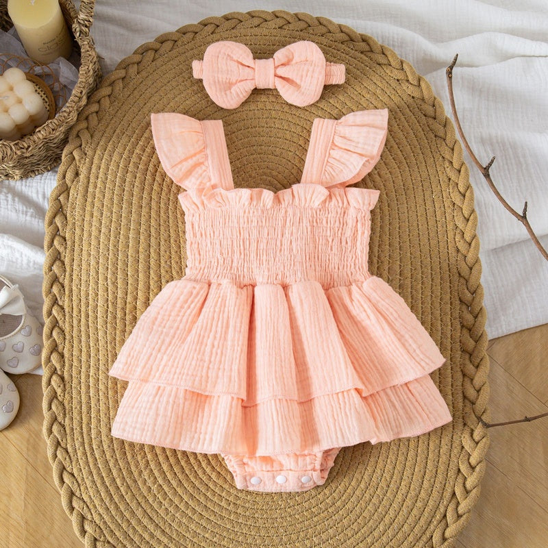 Amazon Summer 2026 Thin Newborn Romper with Flutter Sleeves, Sweet Solid Color, Comfortable and Breathable Onesie for Baby Girls