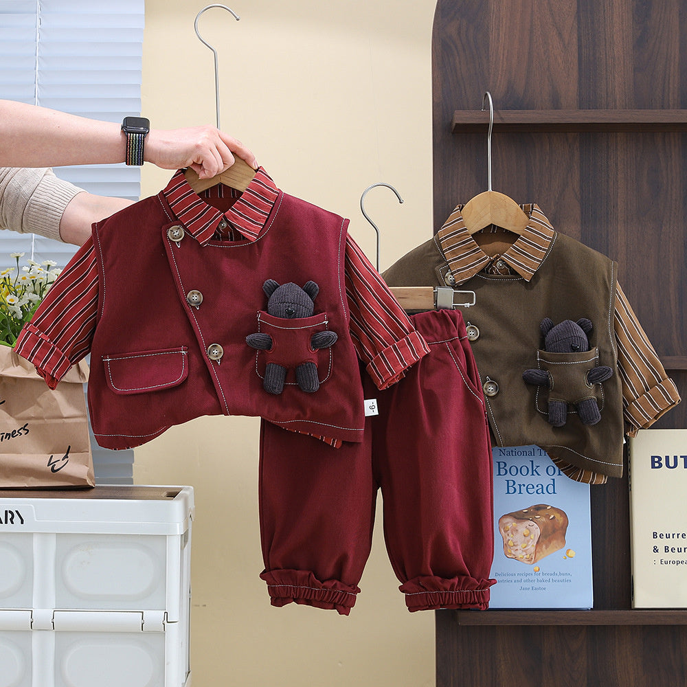 Baby Boy and Autumn Outfit 2025 New Spring 3D Bear Striped Shirt Vest Three-Piece Set Children's Clothing