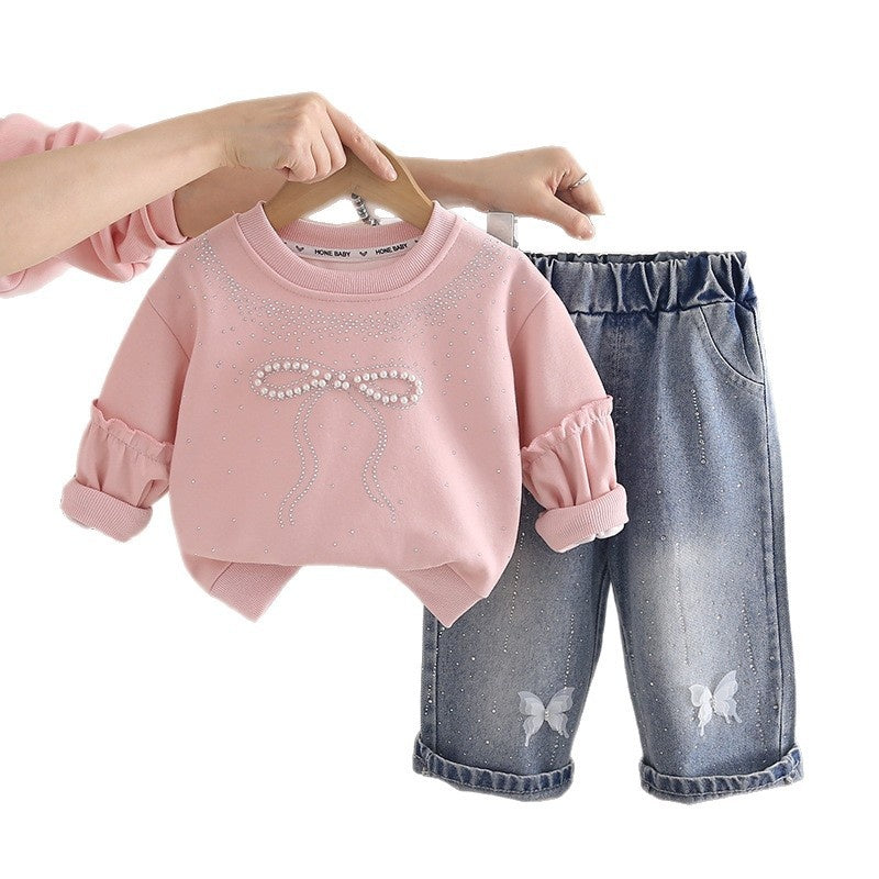 Girls' Sweatshirt Outfit 2026 New Baby Spring and Autumn Bow Two-Piece Set Infant Children's Clothing