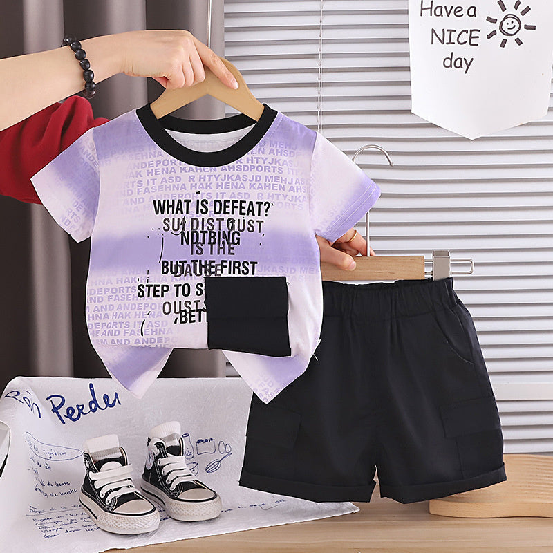 Baby boy short-sleeve two-piece set 2026 new children's summer clothing thin gradient wide stripe pocket suit for boys