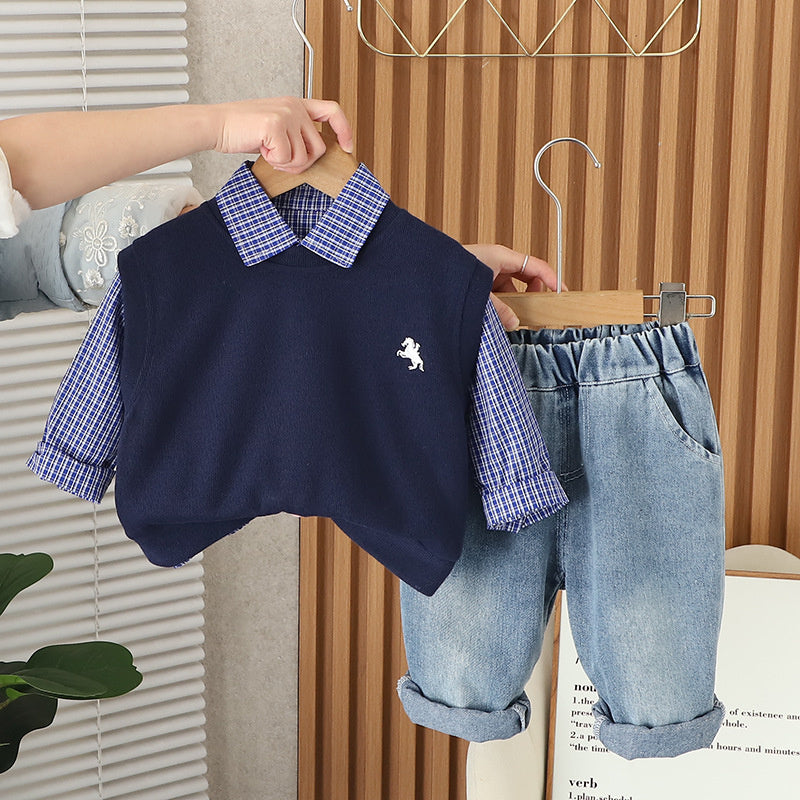 Boys' Suit 2025 New Fashionable Baby Vest Small Plaid Three-Piece Set Spring and Autumn Infant Trendy
