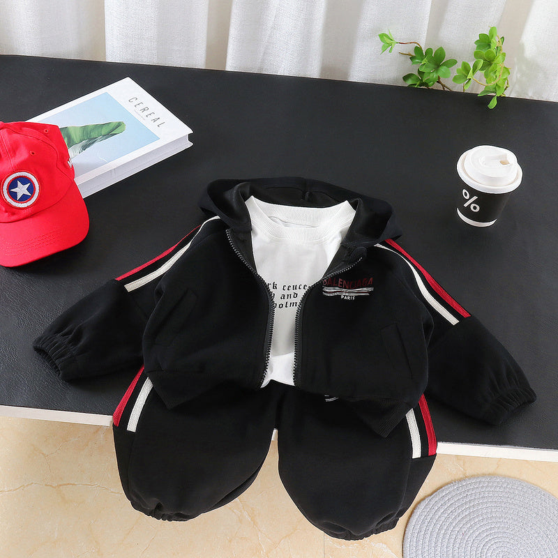 Boys' Autumn Outfit, New Spring Style for Baby Boys, Casual and Stylish Children's Clothing, Three-Piece Set with Colorful Stripes on the Shoulders