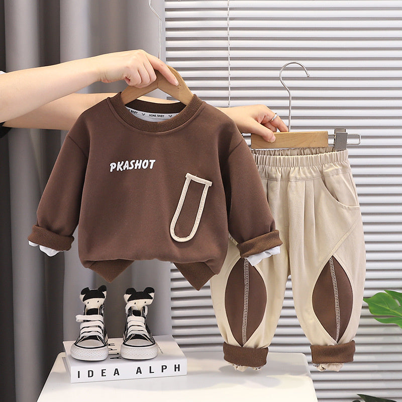 Boys' 2026 New Outfit Stylish Baby Spring Autumn Solid Color Sweatshirt Two-Piece Set, Infant and Toddler Clothes