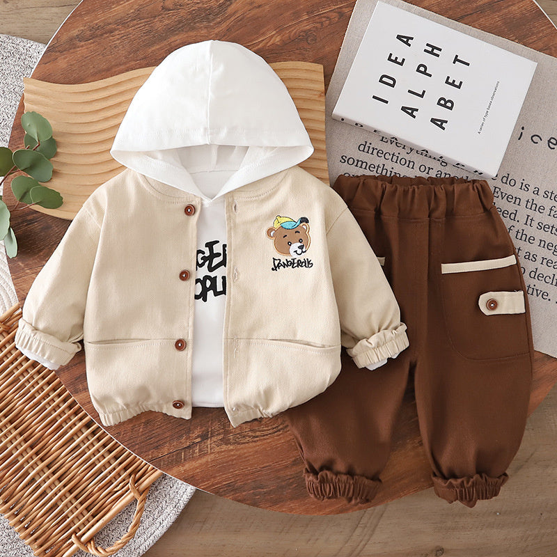 Children's Outfit Boys, Spring Clothing for 1-2-3 Year Olds, Toddler Autumn Outfit, Boy's Bear Hat Set, Baby Three-Piece Trendy Set