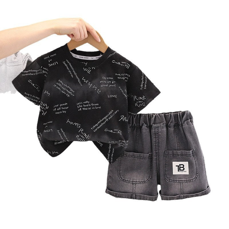 Boys' Summer Outfit 2026 New Fashionable Toddler Stylish Full-Print Small Letter Short-Sleeve Baby Two-Piece Set