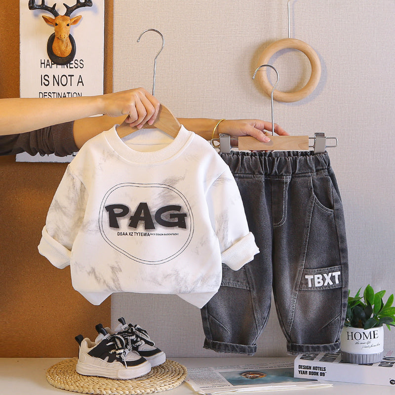 Boys' Outfit, Stylish New 2026 Baby Sweatshirt Two-Piece Set, Cool Long-Sleeve Spring and Autumn Clothing, Trendy Wholesale
