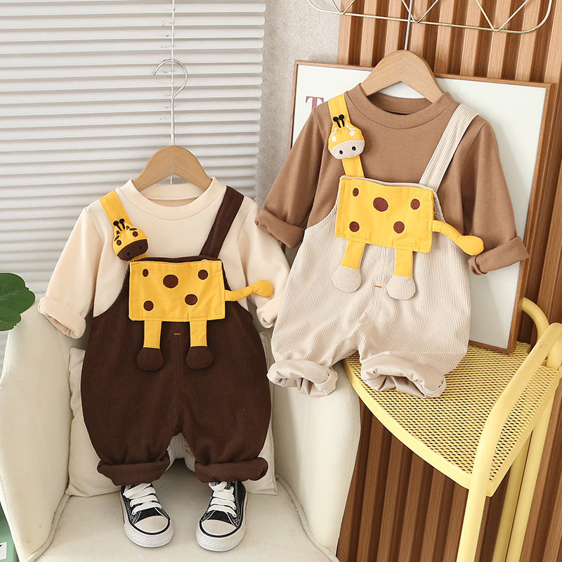 Boys' Spring and Autumn Outfit 2025 New Stylish Children's for Boys Aged 1 to 3 with Giraffe Strap Two-Piece Set