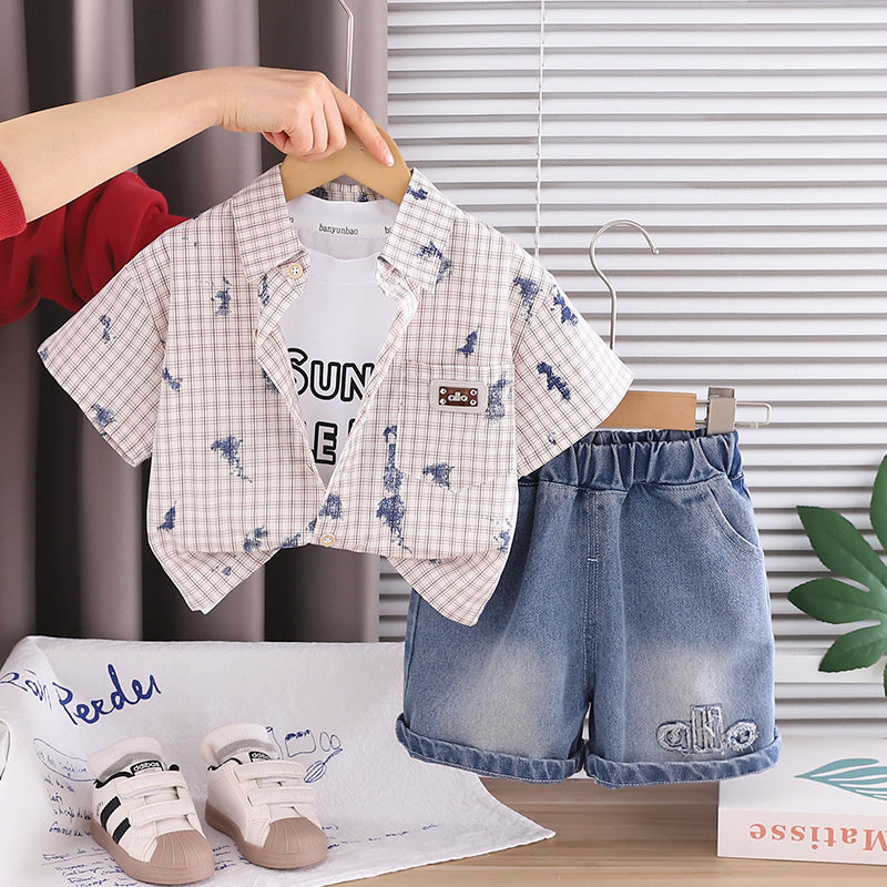Boys' Short-Sleeve 2026 New Stylish Baby Summer Clothes Fashionable Plaid Shirt Three-Piece Set Trendy