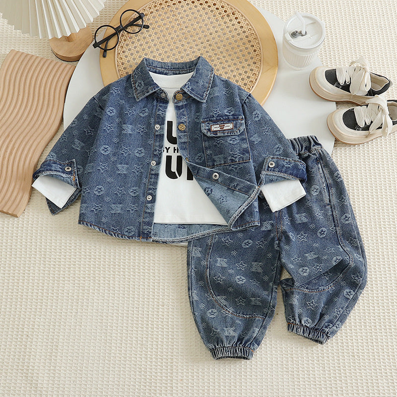 Boys' Outfit 2026 New Spring and Autumn Baby Single-Pocket Denim Jacket Children's Casual Three-Piece Set