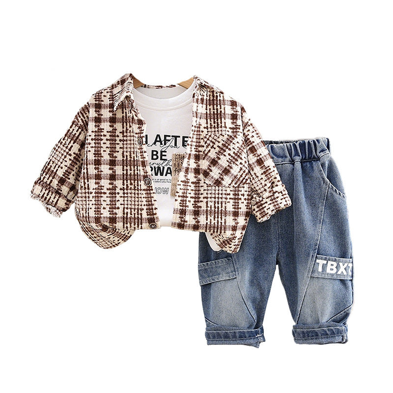 Baby clothes spring, stylish fashionable casual polka dot plaid shirt jacket set for one-year-old boys, spring and autumn wear