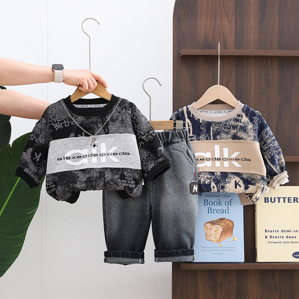 Baby Boy Outfit Boys' 1-3 Years Old Toddler Clothes Stylish Spring and Autumn Letter Necklace Sweatshirt Two-Piece Set