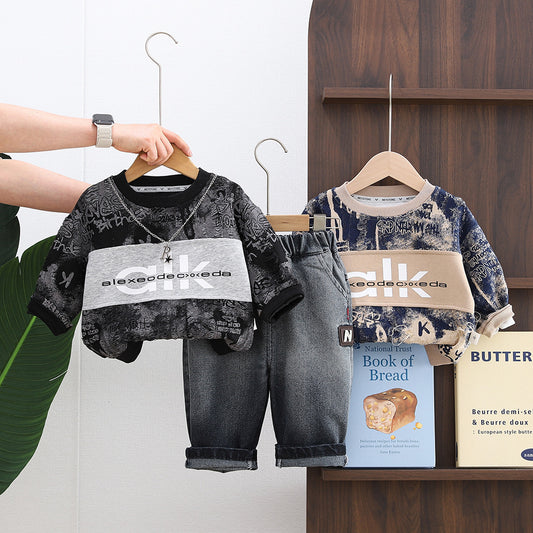 Baby Boy Outfit Boys' 1-3 Years Old Toddler Clothes Stylish Spring and Autumn Letter Necklace Sweatshirt Two-Piece Set
