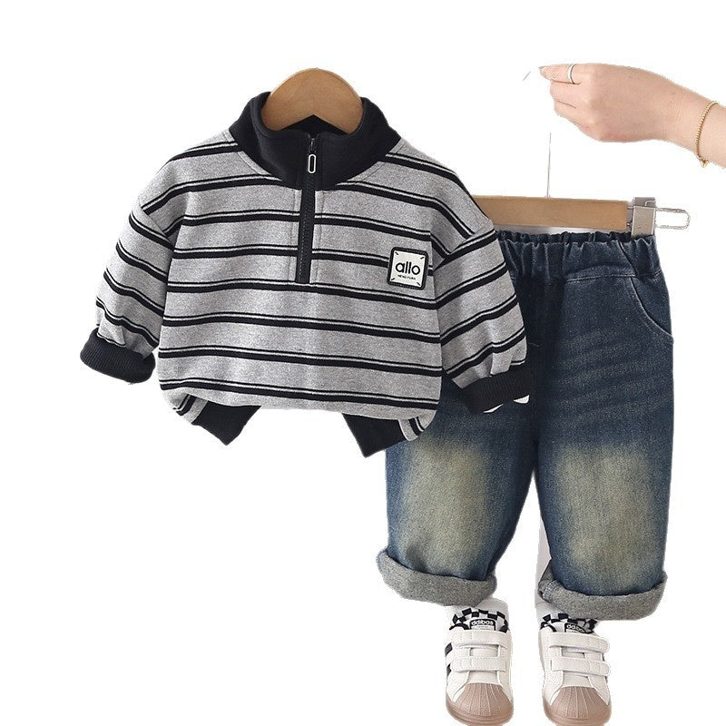 Boys' Spring Outfit 2026 New Loose-Fit Autumn Children's Long-Sleeve Half-Zip Sweatshirt Two-Piece Trendy Set