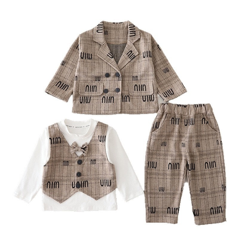 Boys' Outfit 2026 New Fashionable Babies, Spring Autumn Letter Pattern Plaid Suit Three-Piece Set for Infants and Toddlers