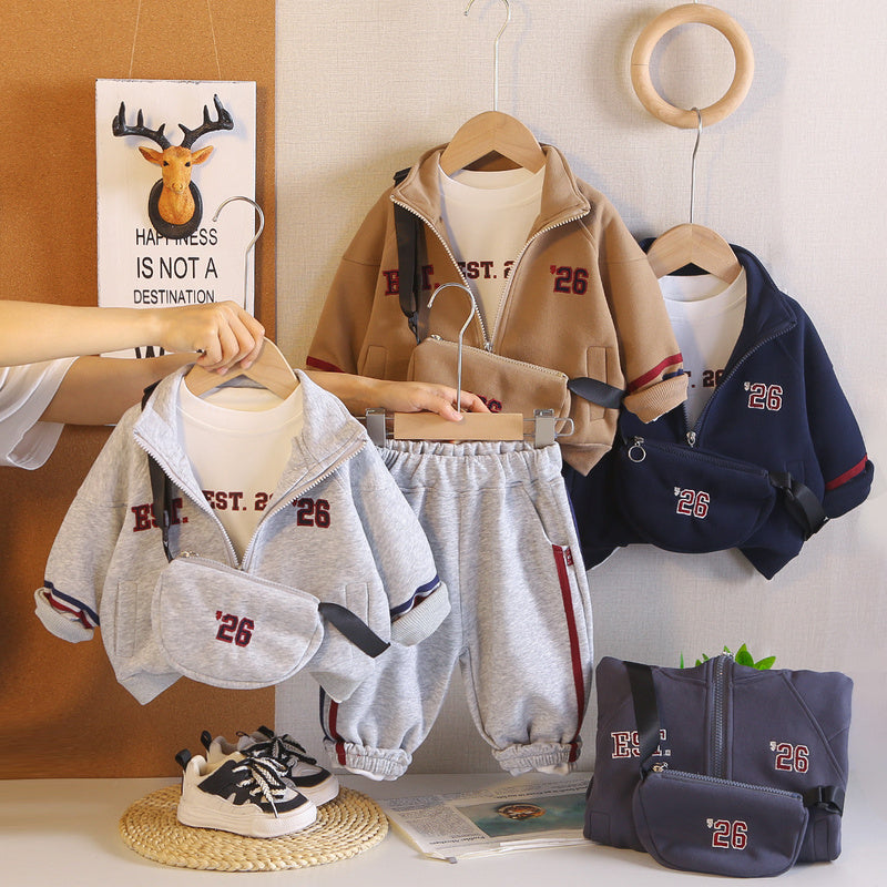 Boys' Spring and Autumn 2026 New Fashionable Baby Fall Outfit Long Sleeve Digital Print Crossbody Bag Three-Piece Set Infant Children's Clothing