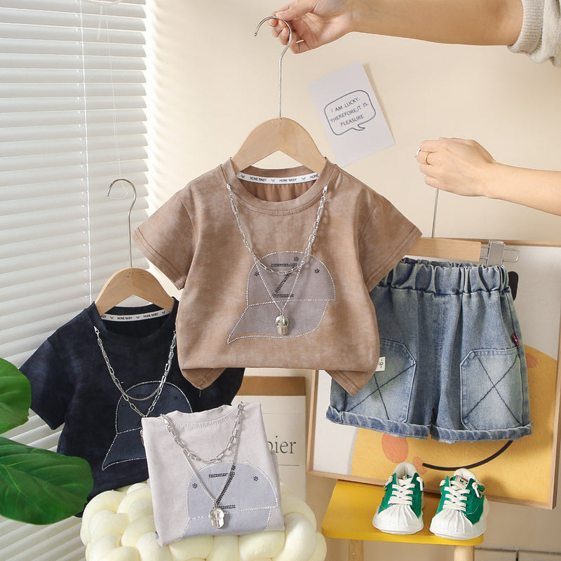 Boys' Outfit 2026 New Style Hat Short Sleeve Stylish Toddler Summer Clothes Round Neck Two-Piece Set Baby Trendy
