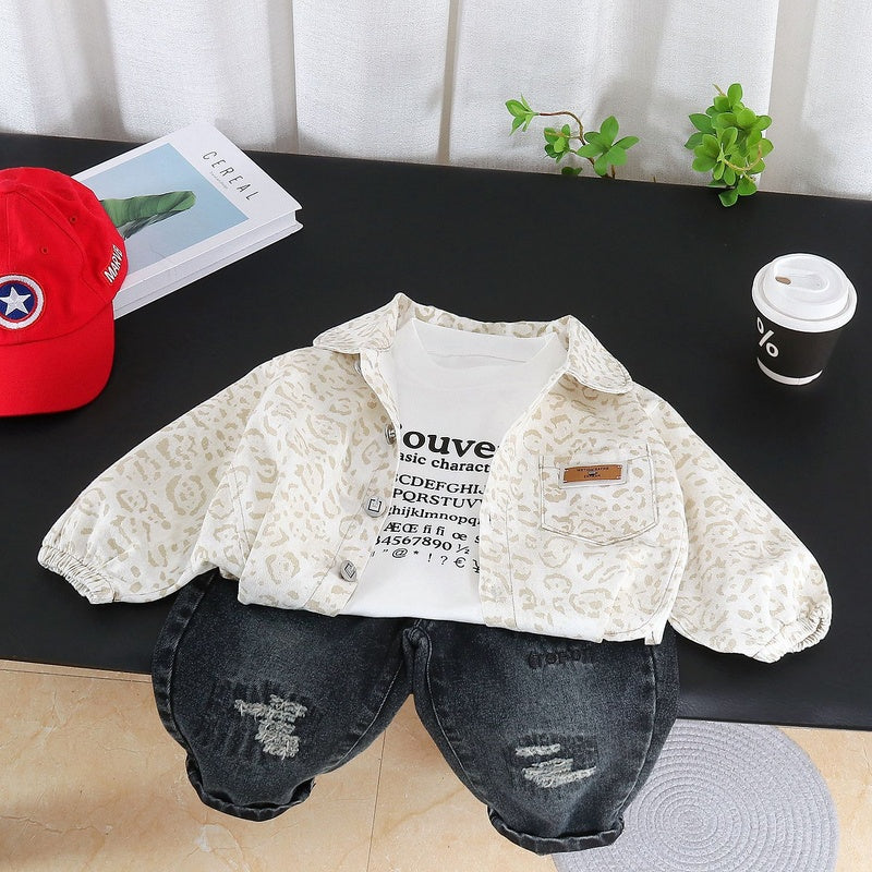 Boys' Suit 2026 New Spring and Style Children's Fashionable Baby Autumn Casual Leopard Print Cardigan Three-Piece Set Trendy