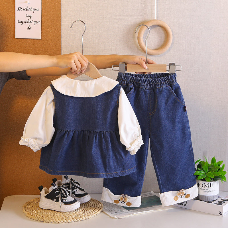 Girls' Embroidered Denim Vest Fashionable Spring Children's Spring-Autumn Outfit, Baby Long-Sleeve Three-Piece Set, Stylish
