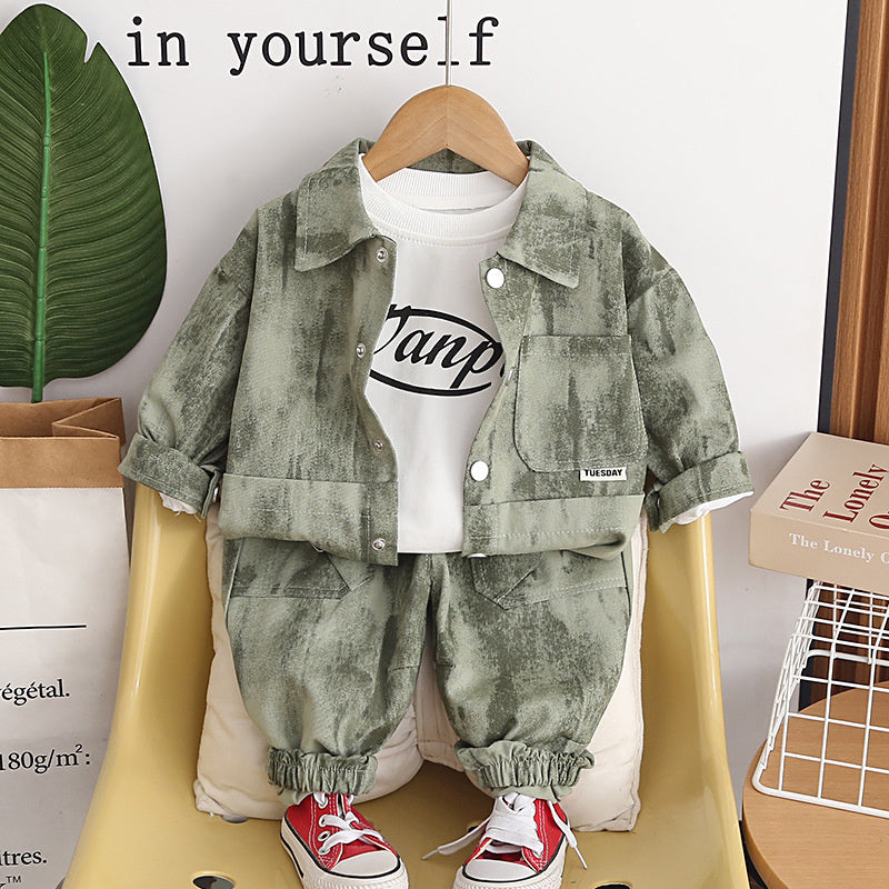 Stylish Boys' and Autumn Outfit 2026 Spring New Long-Sleeve Sports Tie-Dye Pocket Three-Piece Set for Babies