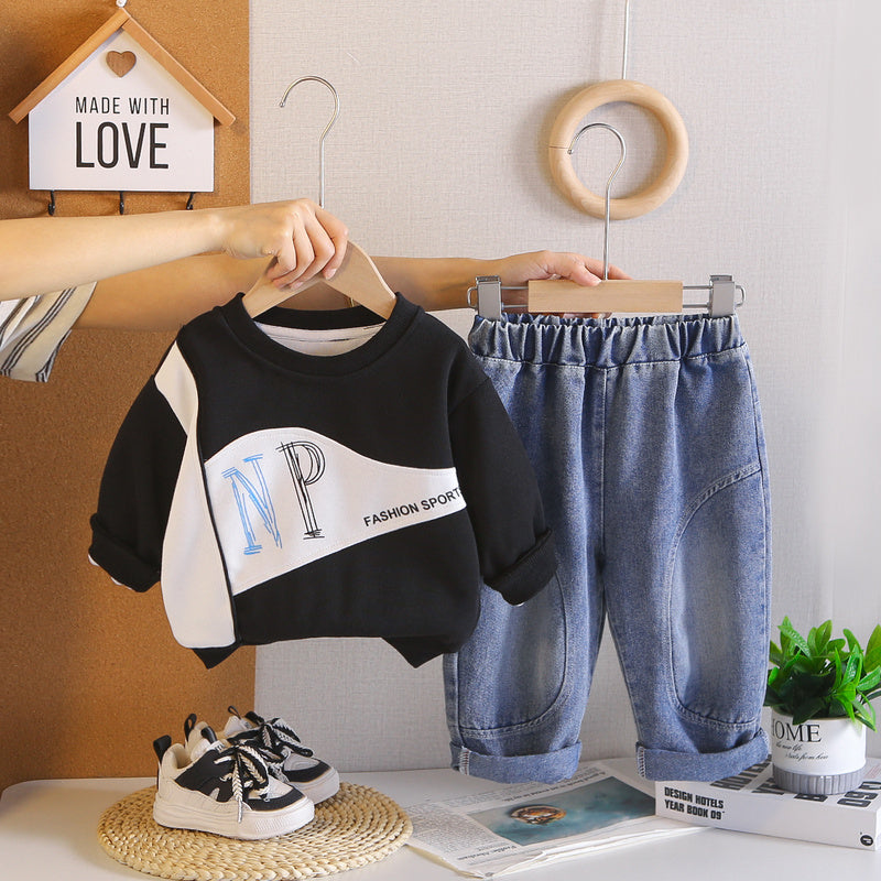 Boys' Outfit 2026 New Trendy Casual Patchwork Sports Two-Piece Set Children, Spring and Autumn Fashion for Toddlers