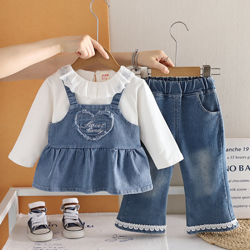 Girls' Spring and Outfit 2026 New Fashionable Children's Love-Heart Denim Suspender Three-Piece Set Baby Autumn Trend Wholesale