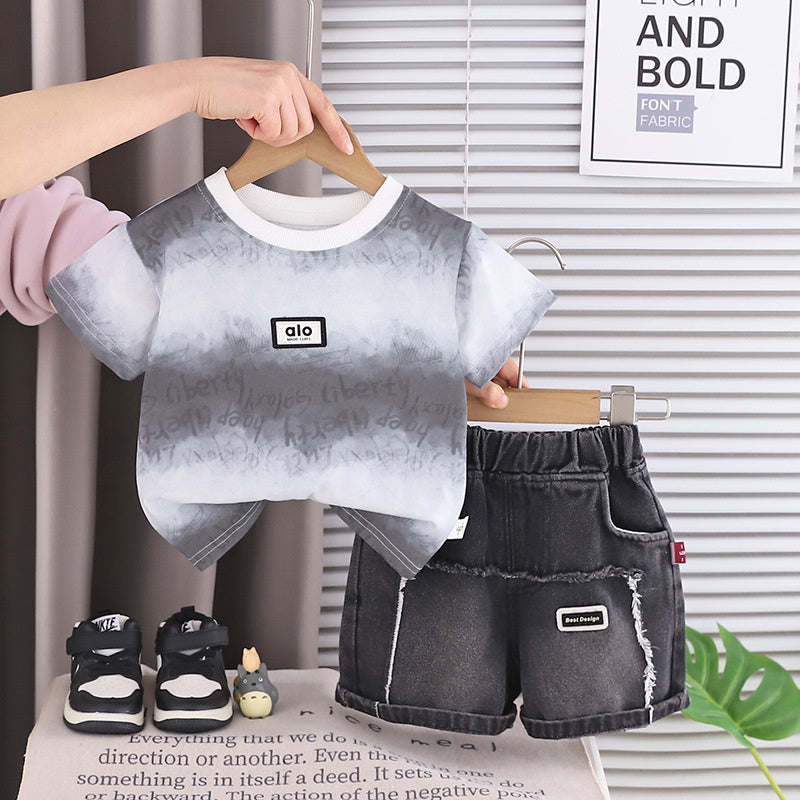 Boys' 2026 Short Sleeve New Children's Round Neck Letter Logo Workwear Summer Outfit Baby Two-Piece Trendy Set