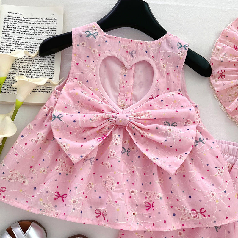 2026 Spring/Summer New Girls' Outfit Cute Bow Embroidered Sleeveless Top and Shorts Two-Piece Set with Hat