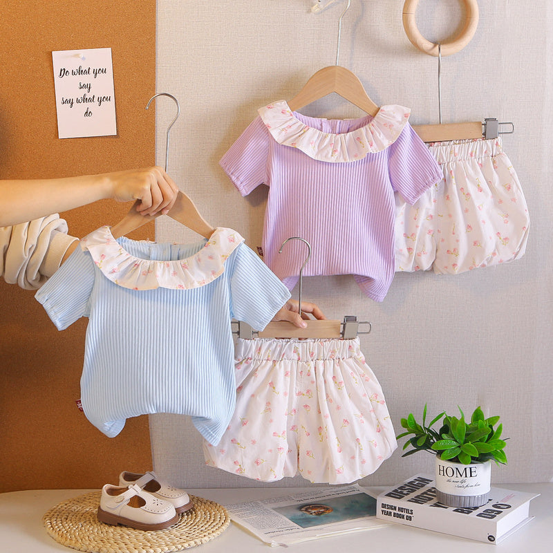 Girls' summer thin outfit, children's clothing in solid color with floral collar, short-sleeved clothes, stylish two-piece set for baby girls