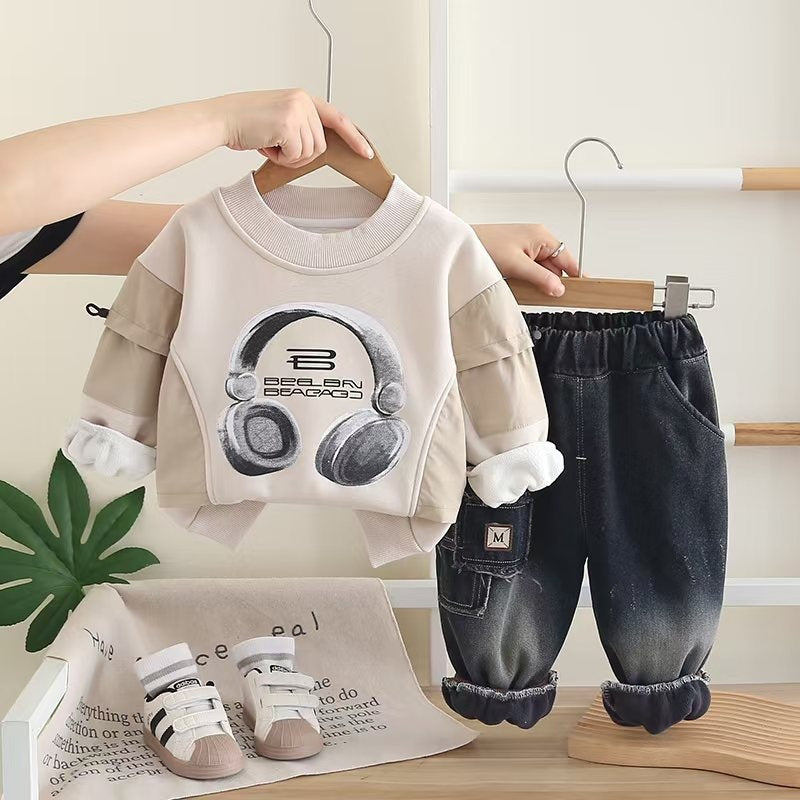 Boys' Autumn Baby Fleece Sweatshirt Two-Piece Set Children's Winter Infant Toddler Clothing Manufacturer One-Piece Dropshipping